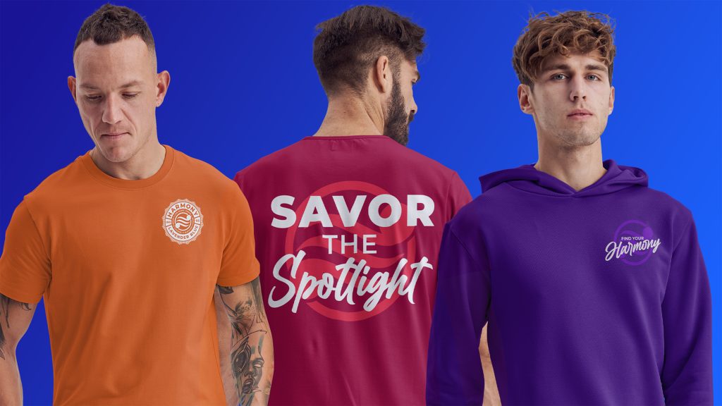orange harmony t-shirt, red “savor the spotlight” t-shirt, purple harmony hoodie